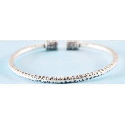 Real 925 Sterling Silver Retro Foot Silver Heart Sutra Womens Ten Thousand Character Bracelets Exquisite Party Jewelry