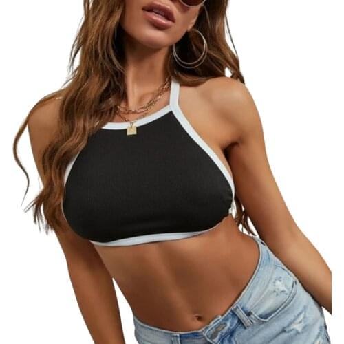 Women Fashion Contrast Color Camisole Sexy Lace-Up Backless Exposed Navel Suspender Tops