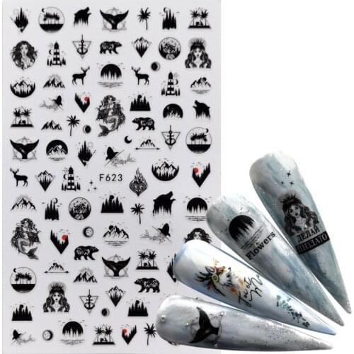 1 PC Mix Black Tree Flower 3D Adhesive Sliders Wraps Tips Charm Art Manicure Decorations Nail Sticker