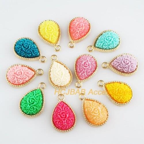 12 New Flower Charms Gold Color Retro Teardrop Mixed Resin Pendants 13x20mm