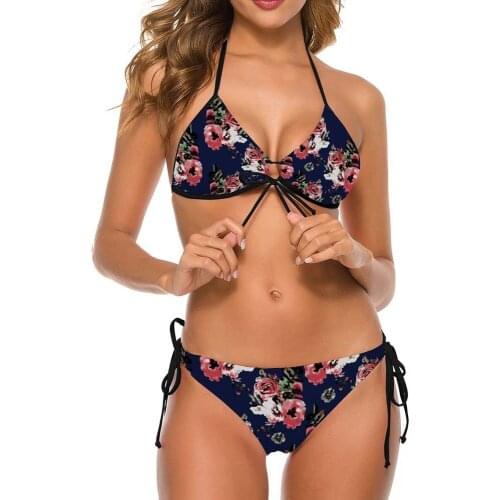 2021 Women Flower Print Swimsuit Two Piece Bandage Thong Mini Bikinis Set Sexy Push Up Beach Wear Summer Bathing Swimming Suit
