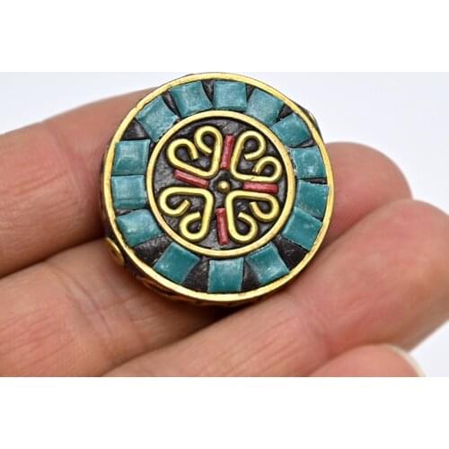 TZA08 Antique Nepal Handmade 4 peach heart Brass With Synthetic Coral And Turkey stone Bracelet DIY Bead For Necklace Making