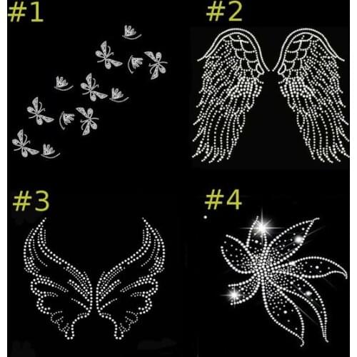 5pc/lot Angel wings butterfly flower shiny applique patches sticker Hotfix iron on crystal transfers design patches for shirt