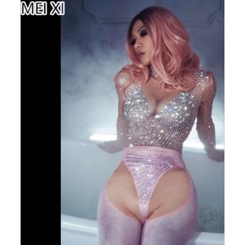 Sparkly long-sleeved rhinestone pink trouser jumpsuit party nightclub bar concert DJ singer/dancer costume
