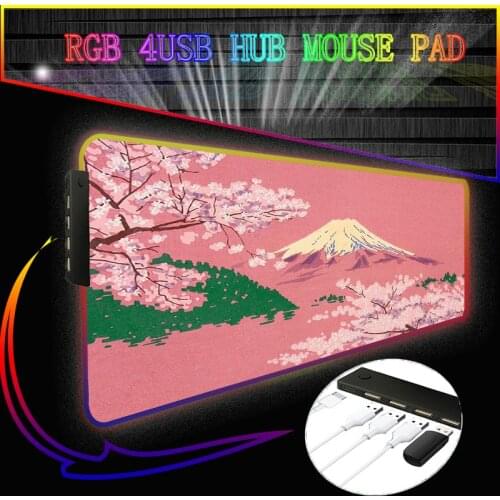 Fuji Flower RGB 4 Port USB Hub Large LED Mousepad Gamer Computer Mouse Mat 90x40 Big Desk Pad Mat Keyboard Carpet Pink Mousepad