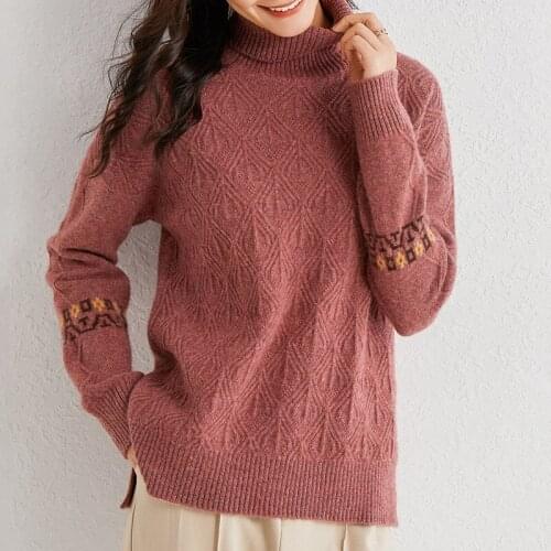 Hot Sale Diamond Pattern Women Sweaters Turtleneck Sweaters 100% Wool Knitting Pullovers Standard Jumpers Female Clothes