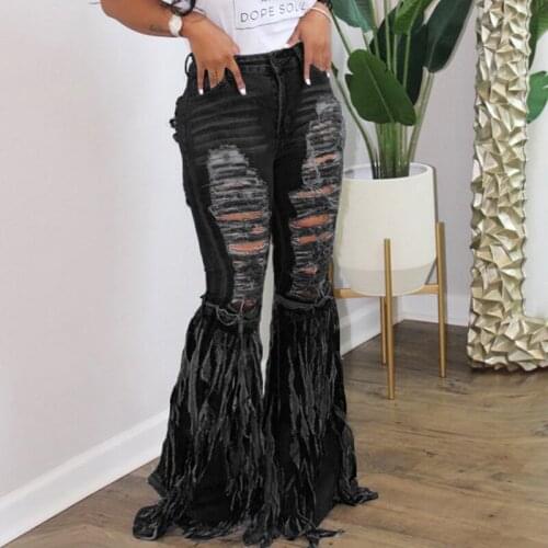 Camouflage 2021 Women Mid Waist Jeans Vintage Flare Jeans with Holes Patchwork Bell Bottom Tassel Jean Denim Pants Trousers New