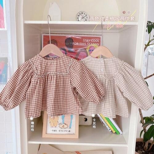2pcs Baby Shorts Set Summer Korean New Brand Kid Girl Clothing Puff Sleeve Plaid Top Dress Shorts Cute Baby Casual Clothing Suit