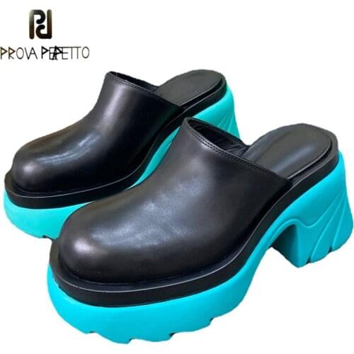 Leather Color-blocked Baotou Slippers Summer Wear Thick-soled Sandals Mules British Style Half-drag Casual Lazy Shoes