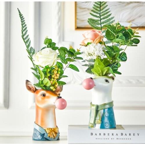 Creative Arts Blowing Bubbles Zebra Rabbit Deer Panda Vase Decor Cute Animal Head Flower Pot Resin Crafts Home Decoration R3889