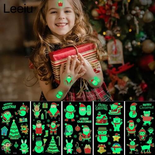 Leeiu 10 Sheets Luminous Merry Christmas Tattoo Stickers Glowing In Dark Christmas Temporary Tattoo Xmas Gifts For Kids New Year