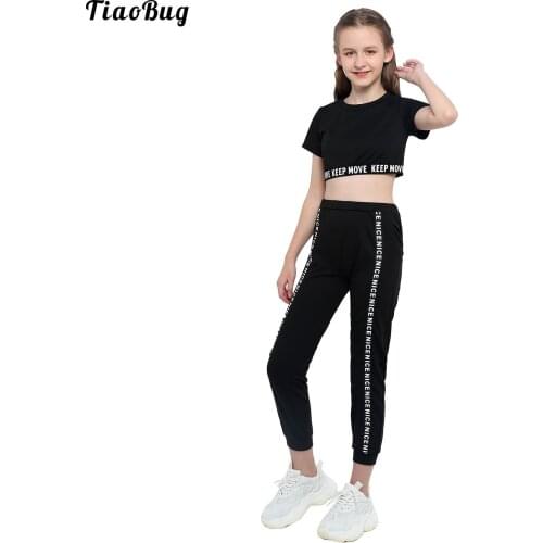 TiaoBug Summer Girls Two Pieces Sport Suits Letter Printed Short Sleeves Crop Top With Elastic Low Waist Leggings Fitness Sets