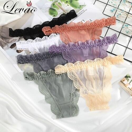 LEVAO Womens Thong Sexy Lace Panties Women Solid Briefs Seamless Transparent G-String Low Waist Mesh Underpants Female Lingerie