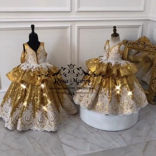 Lovely Gold Sequined Cupcake Pageant Girls Dresses 2021 Ball Gown Vintage Lace Flower Girls Brithday First Communion Party Gowns