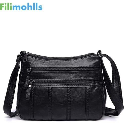 Fashion Women Crossbody Bag Black Soft Washed Leather Shoulder Bag Patchwork Messenger Bag Small Flap Bag for Girls S1863