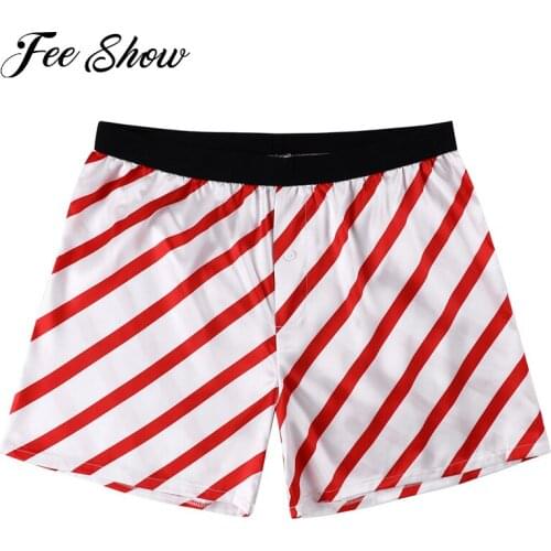 Mens Smooth Silky Satin Shorts Lingerie Mid-rise Classic Stripe Christmas Boxer Shorts Loose Lounge Short Pants