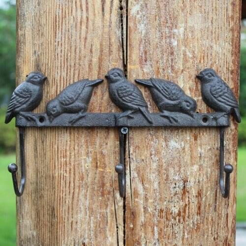 European Country Style 5 Birds Design Black Cast Iron Wall Hooks with 3 Hanging