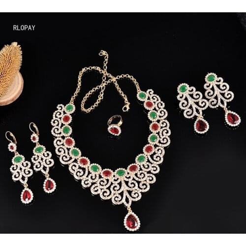 New Morocco Luxury Rhinestone Bridal Jewelry Sets Gold Plating Water Drop Necklace/Earrings/Ring/Bracelet Wedding Green Jewelry