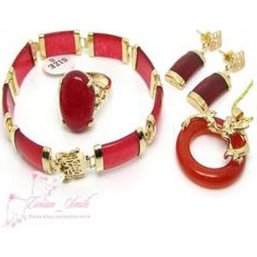New Womens Nice Red pendant earrings bracelet Ring Chinese Lucky Set AA265