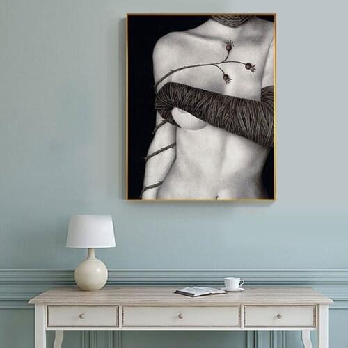 Naked Tattoo Girl Pink Rose Canvas Picture Artistic Black and White Beauty Sexy Poster Print Living Room Bedroom Tableau Salon