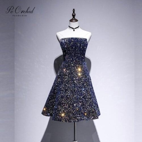 PEORCHID Glitter Sequin Short prom dresses 2020 Strapless Vestido Corto Graduacion A Line Cheap Dinner Party Evening Gowns