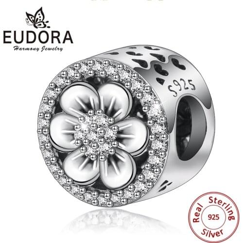 Eudora DIY Silver Charm Fit Original Bracelet Beads 925 Sterling Silver CZ Peach blossom Flower Bead Jewelry for Women CYZ112