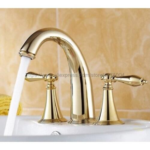 Basin Faucets Polished Gold Brass 3 Hole Bathroom Sink Faucet Double Handle Deck Mounted Bathtub Hot Cold Mixer Tap Nnf237