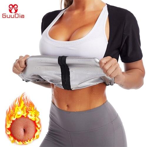 GUUDIA Hot Sweating Sauna Tops Women Neoprene Shirts Slim Weight Loss Shaper Vest Zipper Short Sleeve Hot Thermo Waist Trainer