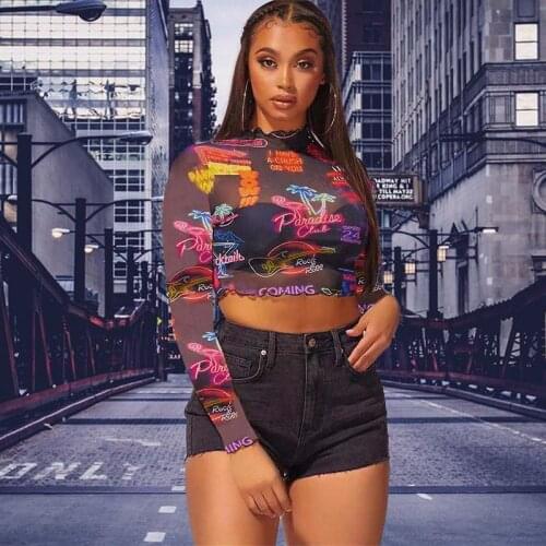 2021 Ladies Letter Printing Short-Sleeved T-Shirt Top Casual Sexy Mesh See-Through Wood Ear Sleeves Autumn Long-Sleeved T-Shirt