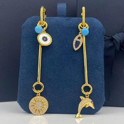 SLJELY Fashion S925 Sterling Silver Asymmetric Elements of The Sea Long Earrings with Hoop Women Summer Holiday Brand Jewelry