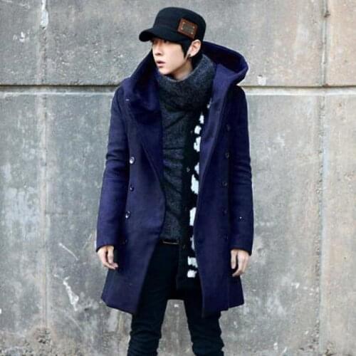 M-3XL Plain Color Double Breasted Blend Wool Peacoat For Men Long Sleeve Autumn Winter Streetwear Fashion Business Trench Coat