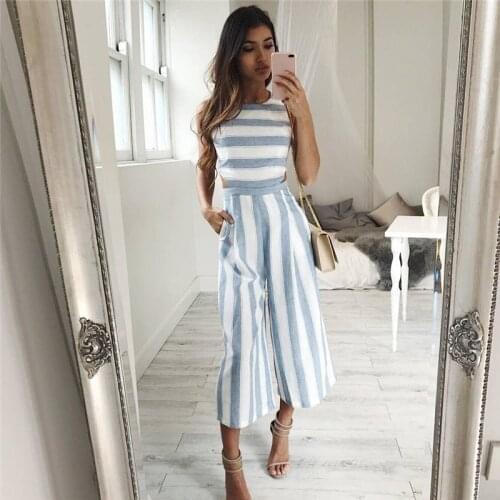 Women New Casual Office Long Wide Leg Pants Striped Jumpsuits Overalls Sleeveless Rompers Hollow Out One Piece Clothes Jumpsuit