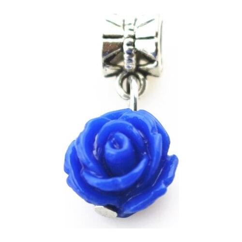 20pcs/lot blue rose flower charms hanging charm big hole pendant bead charm fit pando bracelet diy jewelry dangle charms