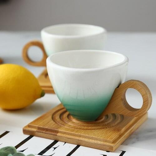 2021 Travel Mug Set Gradual Ceramic Creative Bamboo Handle Bamboo Mat Office Tea Coffe Mugs Drinkware
