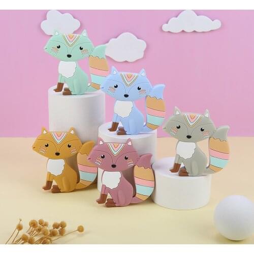 Sunrony 5pc Cute Fox Silicone Teether Cartoon Animals Food Grade Safety Pendants DIY Pacifier Chain Accessories Baby Molar Toys