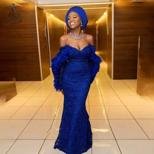 Aso Ebi Royal Blue Lace Evening Dresses Off the Shoulder Ruffled Long Sleeves Elegant Prom Dress African Abiye Formal Party Gown