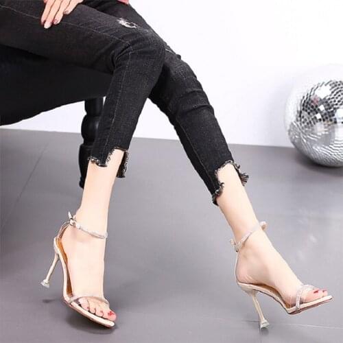 One word buckle transparent womens shoes summer new fashion sexy high heels all-match stiletto sandals