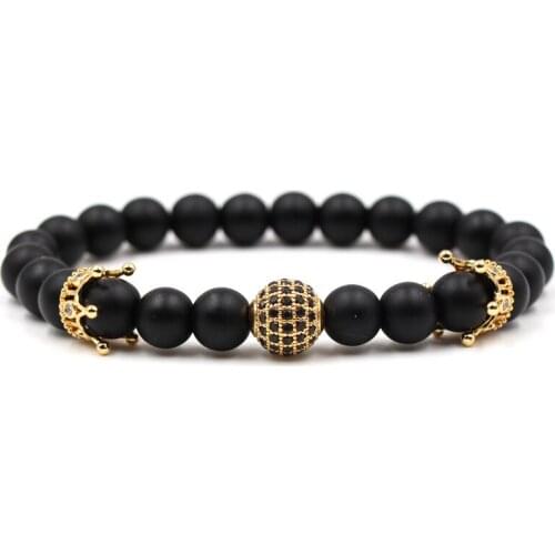 Black Onyx Stone Bracelet Micro Zircon Crown 10mm Copper Round Zircon Ball Buddist Prayer Beads Bracelet For Lovers