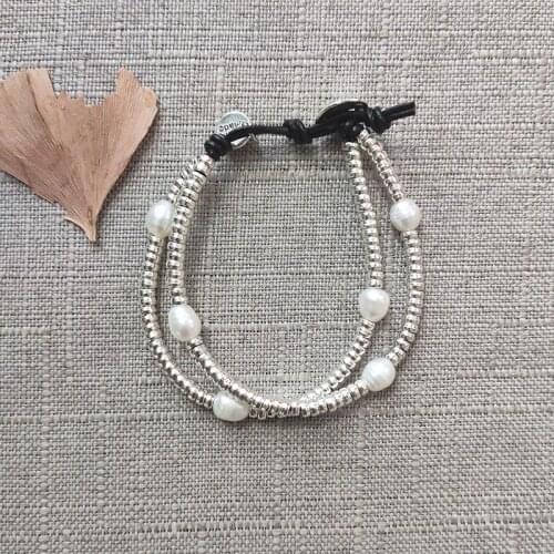 2021 Fashion Double Layer Silver-color Beads Bracelet Natural Freshwater Pearl Jewelry Accessories Gift Bangle for Girls
