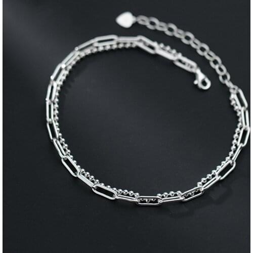 Double Layered Chain Anklets Sterling Silver 925 Rectangle Beads Beach Summer Jewelry Gifts For Women Girls Adjustable