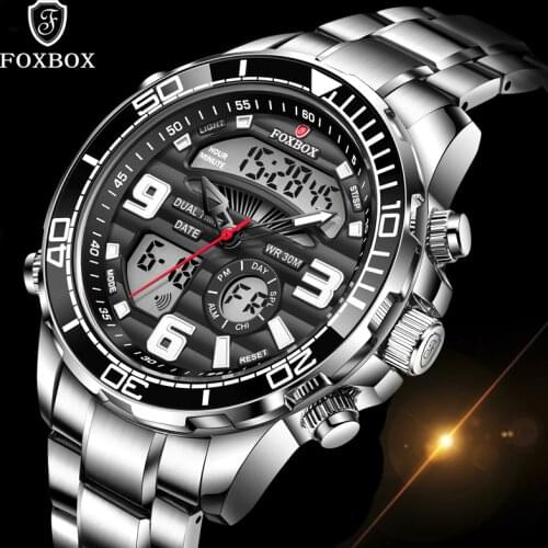 Mens Watches 2021 New FOXBOX Dual Display Stainless Steel Sport Wrist Watch For Men Waterproof Date Clock Relogio Masculino+Box