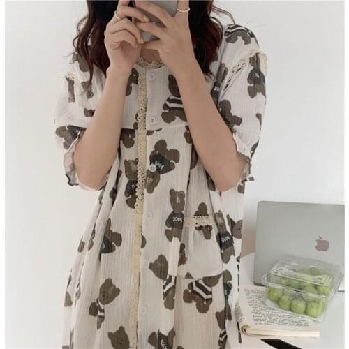 Cartoon Bear Summer Nightgown Women O-Neck Short Sleeve Kawaii Nightdress Sleepwear Loose Home Clothes Kawaii Vintage