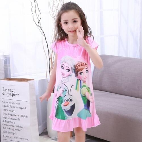 Disney summer thin childrens nightdress Frozen Elsa round neck short-sleeved ruffled princess print sweet girls home service
