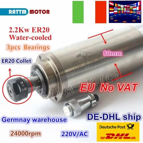 UKR ship 2.2KW Water cooled cooling SPINDLE MOTOR ER20 220V 80x213mm 4 Bearings 24000rpm for CNC Router ENGRAVING MILLING GRIND