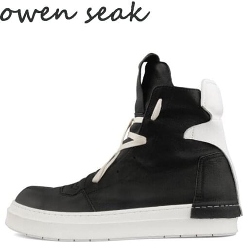 Owen Seak Men Casual Shoes High-TOP Ankle Boots Genuine Leather Sneaker Luxury Trainers Boots Lace-up Zip Flat Black White Shoes