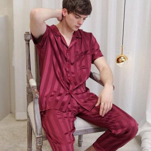 Men L-3XL Big Size 2PCS Striped Pajamas Suit Summer New Short Sleeve Shirt&Pant Sleepwear Loose Satin Pijama Casual Home Clothes
