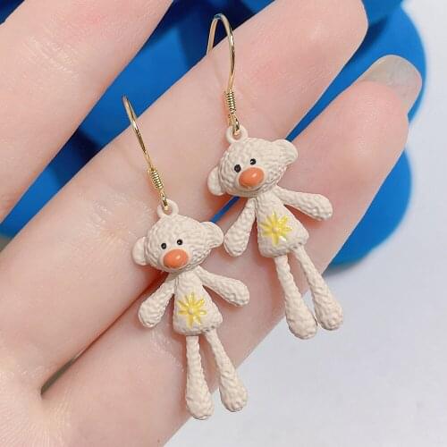 New Korean Kawaii Teddy Bear Earrings Girly cute funny cartoon doll Pendant earrings 2021 Fashion Jewelry Gift Wholesale