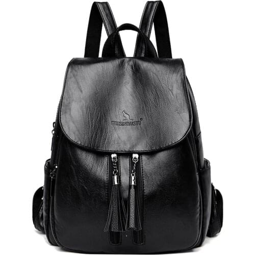 New Female Leather Backpacks Sac A Dos Women Leather Backpack Vintage Tassel Bagpack Large Capacity Travel BackPack High Quality