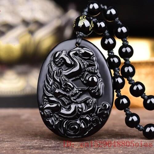 Natural Black Obsidian Bead Necklace Hand-Carved Dragon Jade Pendant Fashion Charm Auspicious Jewelry for Man Women Amulet Gifts