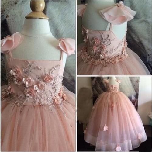 Flower Girl Dress Applique Pearls Pageant Sleeveless 2018 Party Ball Gown Crystal Floor Length Custom Made Kids Formal Wear